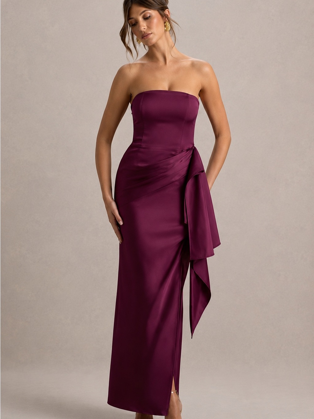 Burgundy Satin Bandeau Draped Maxi Dress from Club L London